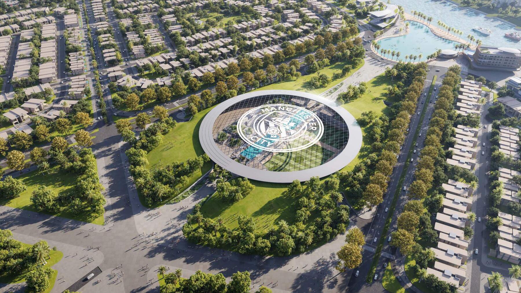 Aerial view of the Manchester City Yas Residences masterplan along the Yas Canal