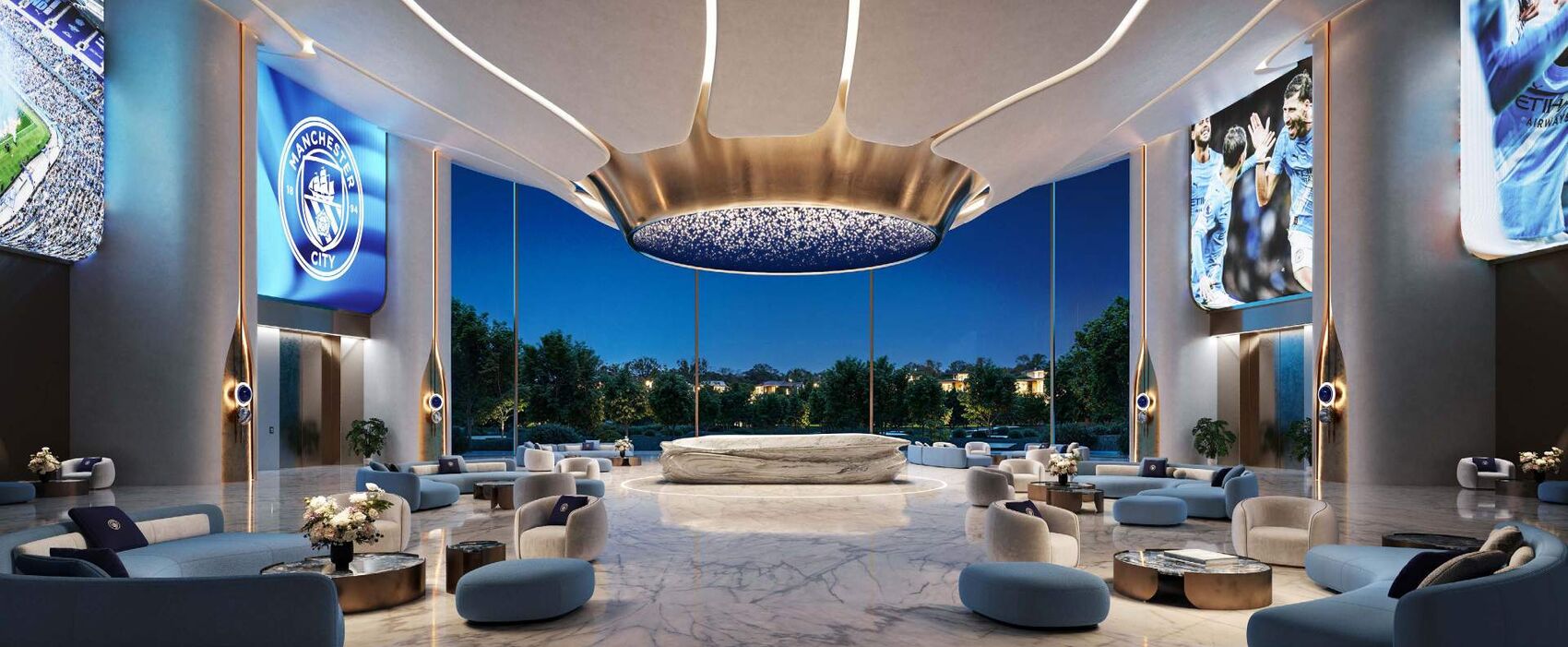 Manchester City branded Skybox Lounge clubhouse interior with sky-blue seating