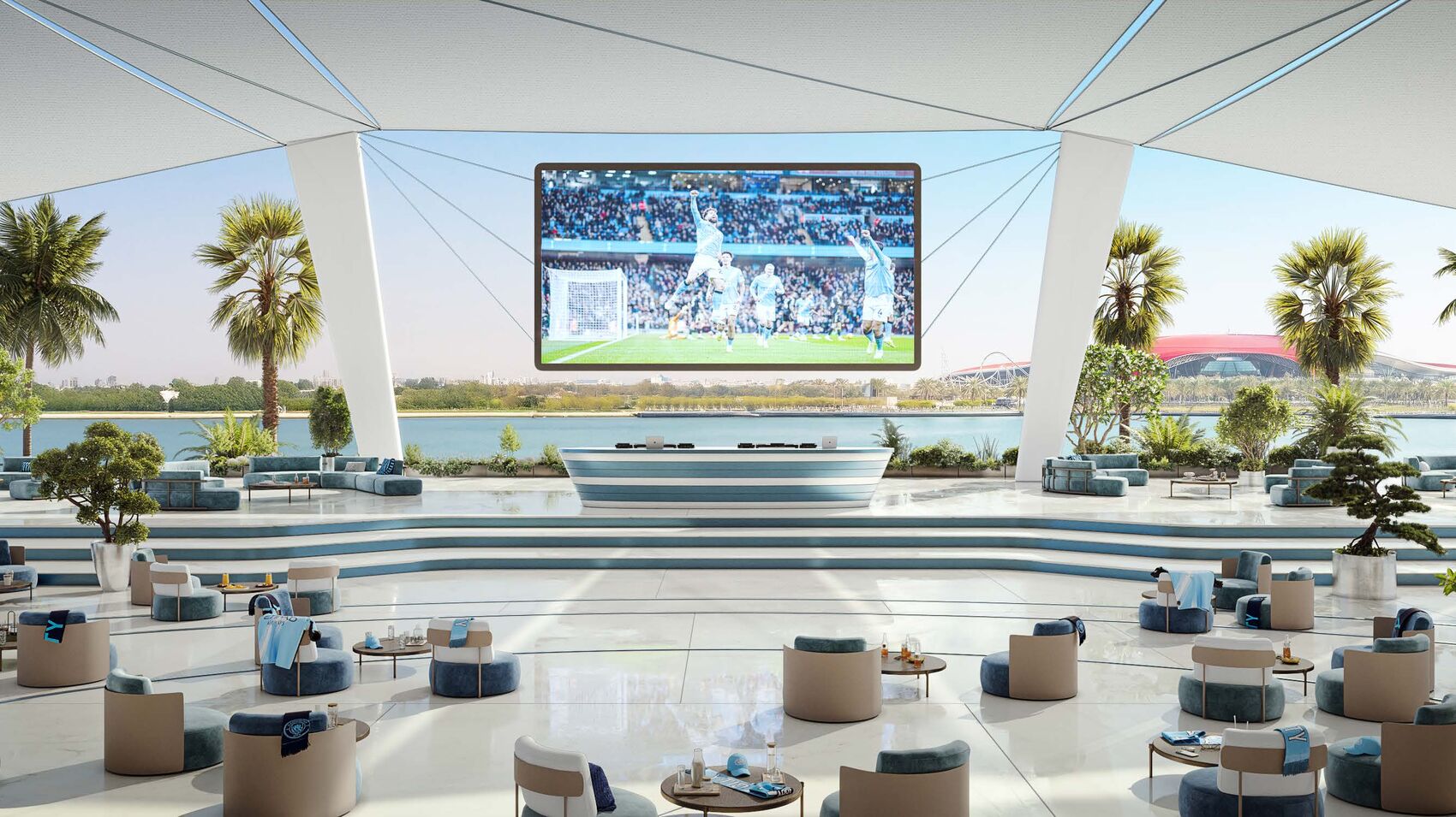 Open-air canal-side sports lounge with a large match screen