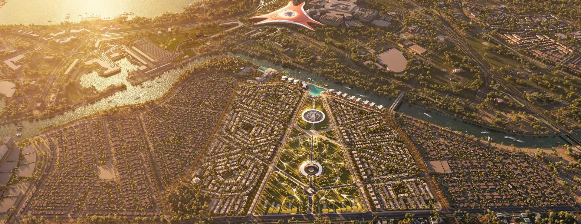 Dusk aerial render of Manchester City Yas Residences by Ohana Development on the Yas Canal, Yas Island