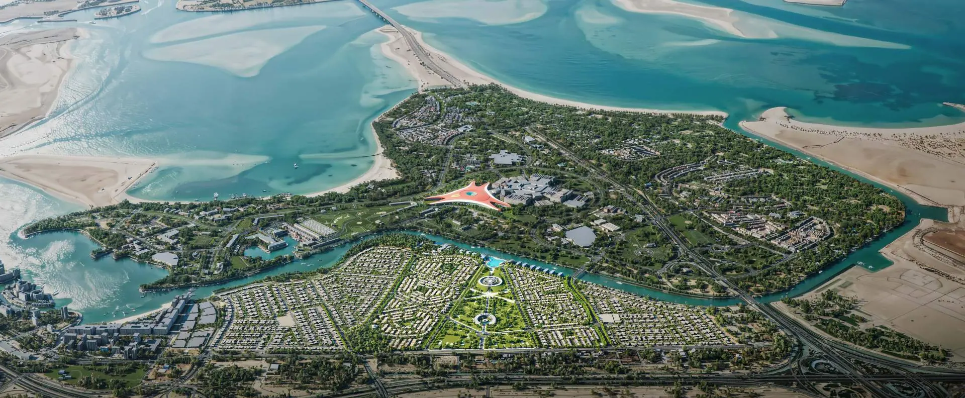 Aerial view of Yas Island with the Manchester City Yas Residences site on the Yas Canal
