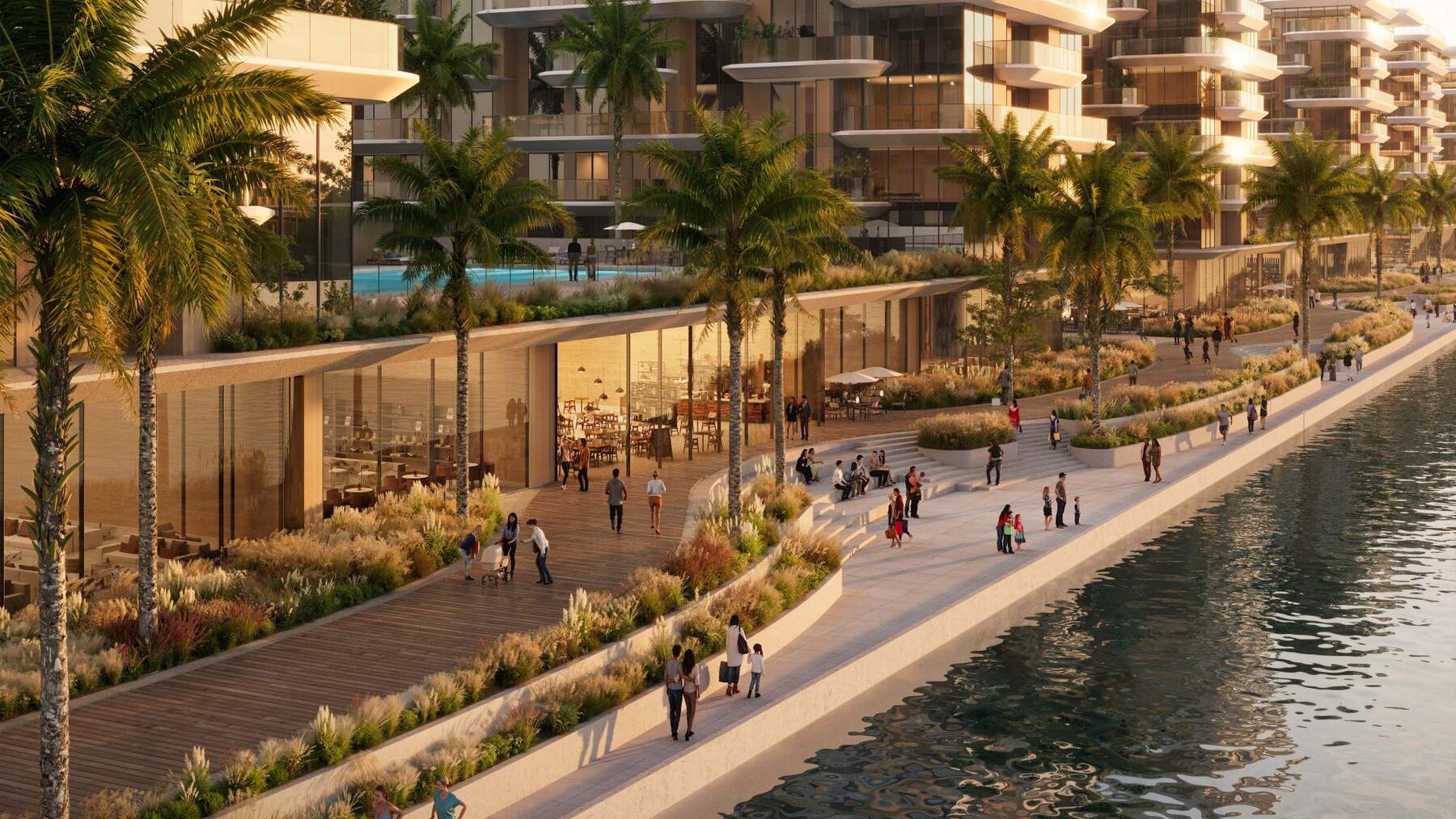 People walking along the palm-lined canal promenade