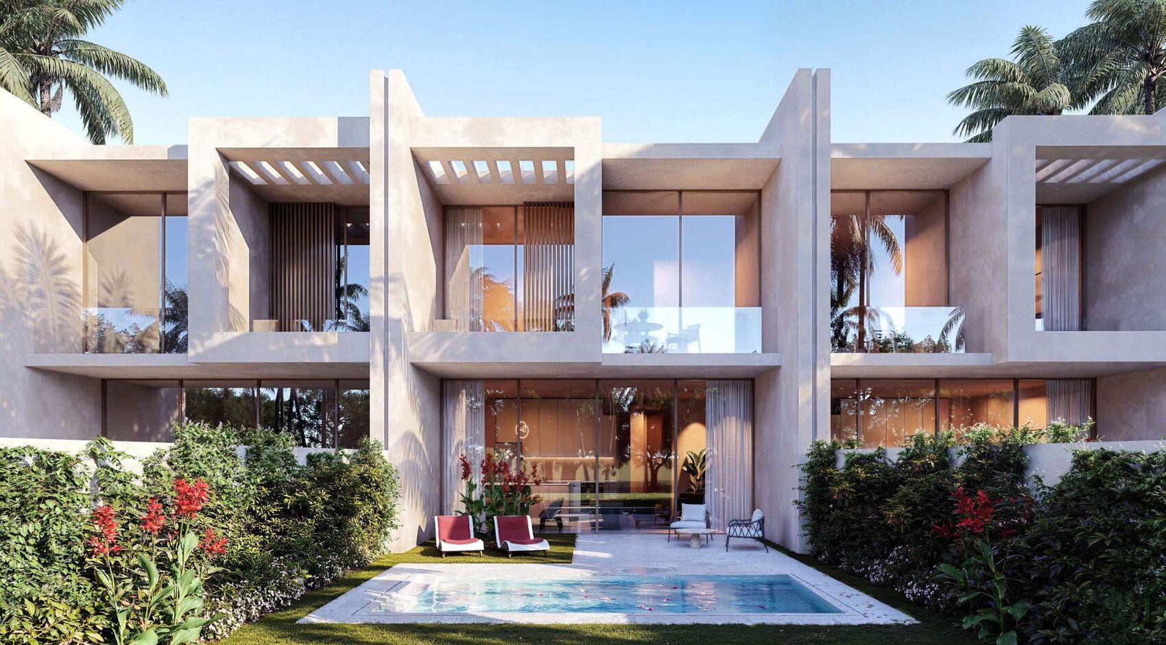 Townhouse facades with private pools and gardens